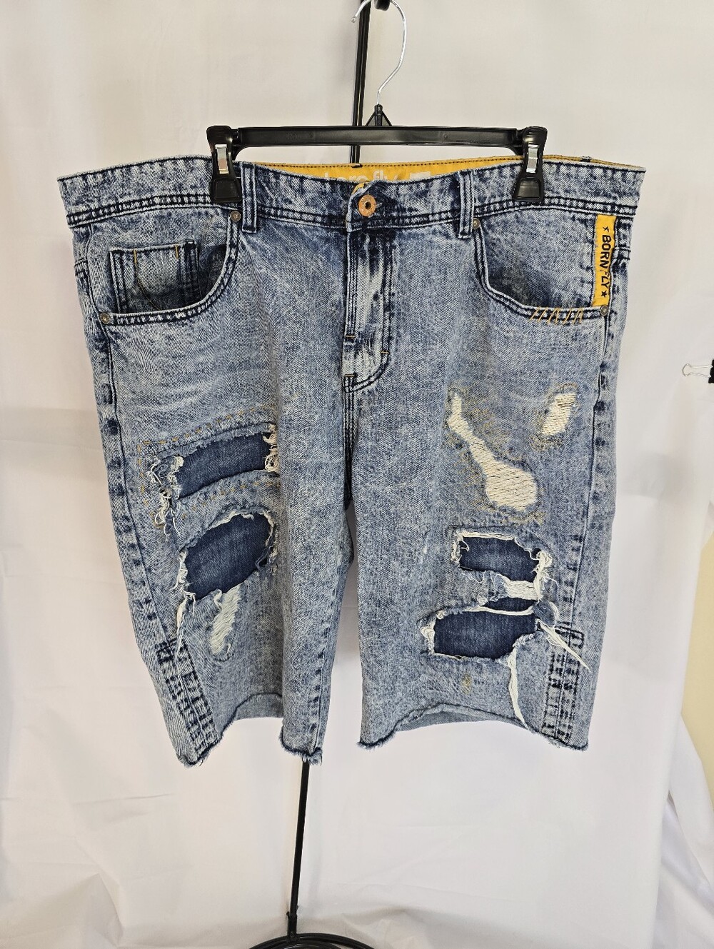 Born Fly Mens Denim Shorts Size 40 Acid Wash Distressed Y2K Streetwear Jean